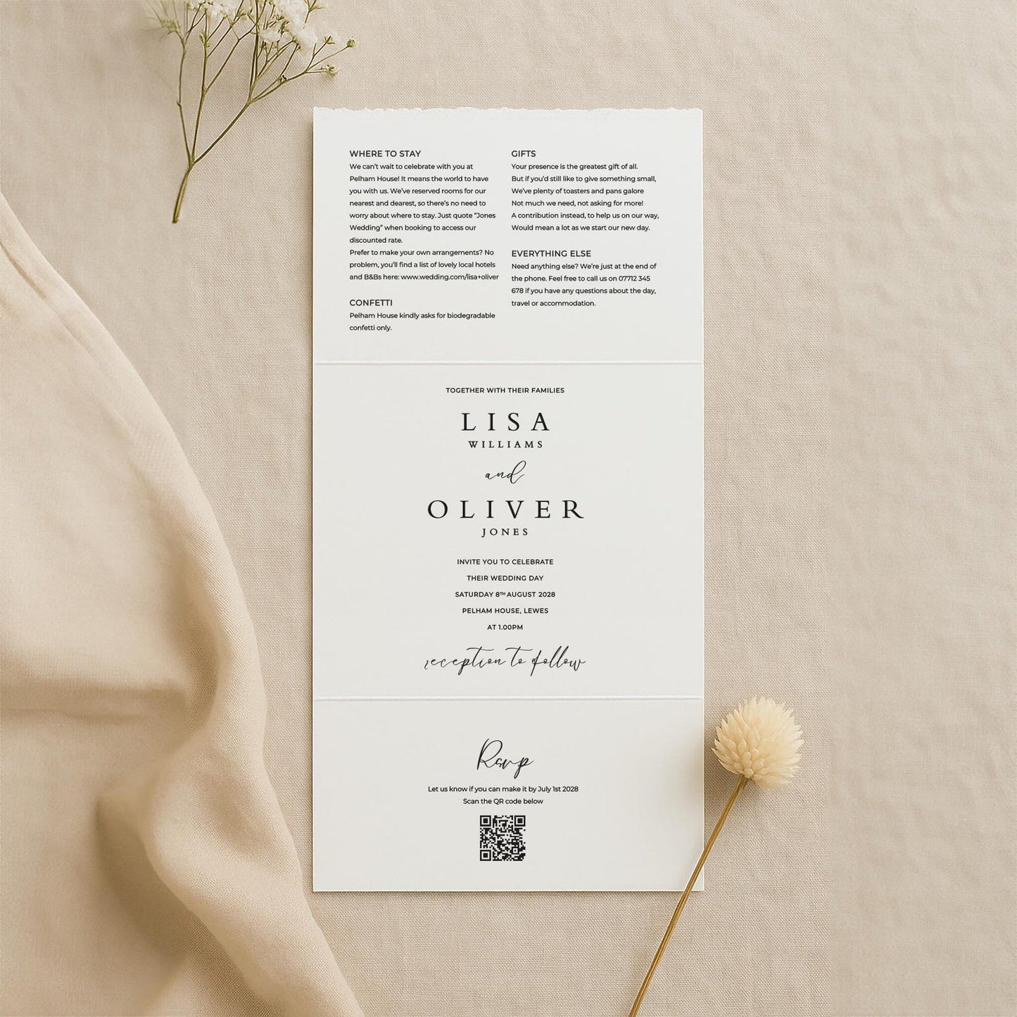 Square Venue Sketch Wallet Invitation – Wax Seal, Kraft Envelope, Deckled Edge or Straight Edge Wedding Invite – Custom Illustration