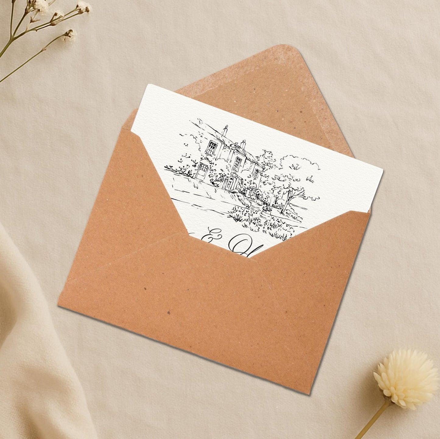 Square Venue Sketch Wallet Invitation – Wax Seal, Kraft Envelope, Deckled Edge or Straight Edge Wedding Invite – Custom Illustration