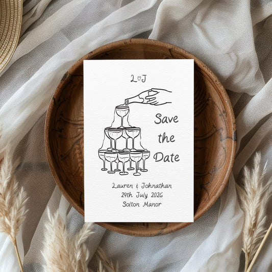 Champagne Tower Save the Date – A6 Illustrated Wedding Announcement