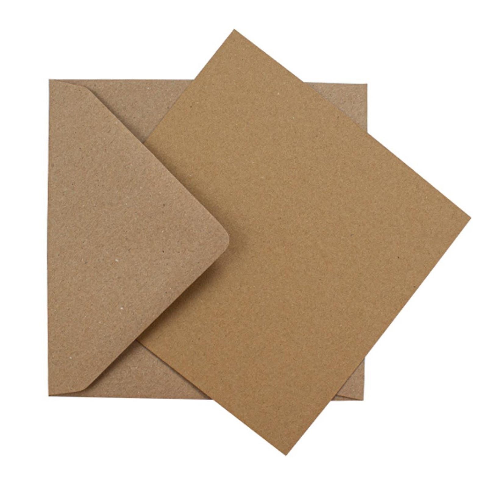 Natural kraft brown envelope and blank card set displayed on a clean white background, showcasing the rustic recycled texture and sturdy FSC-certified material.