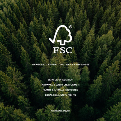 FSC certification logo displayed over an aerial view of a lush evergreen forest, promoting responsible forestry, sustainable materials, and ethical card manufacturing.
