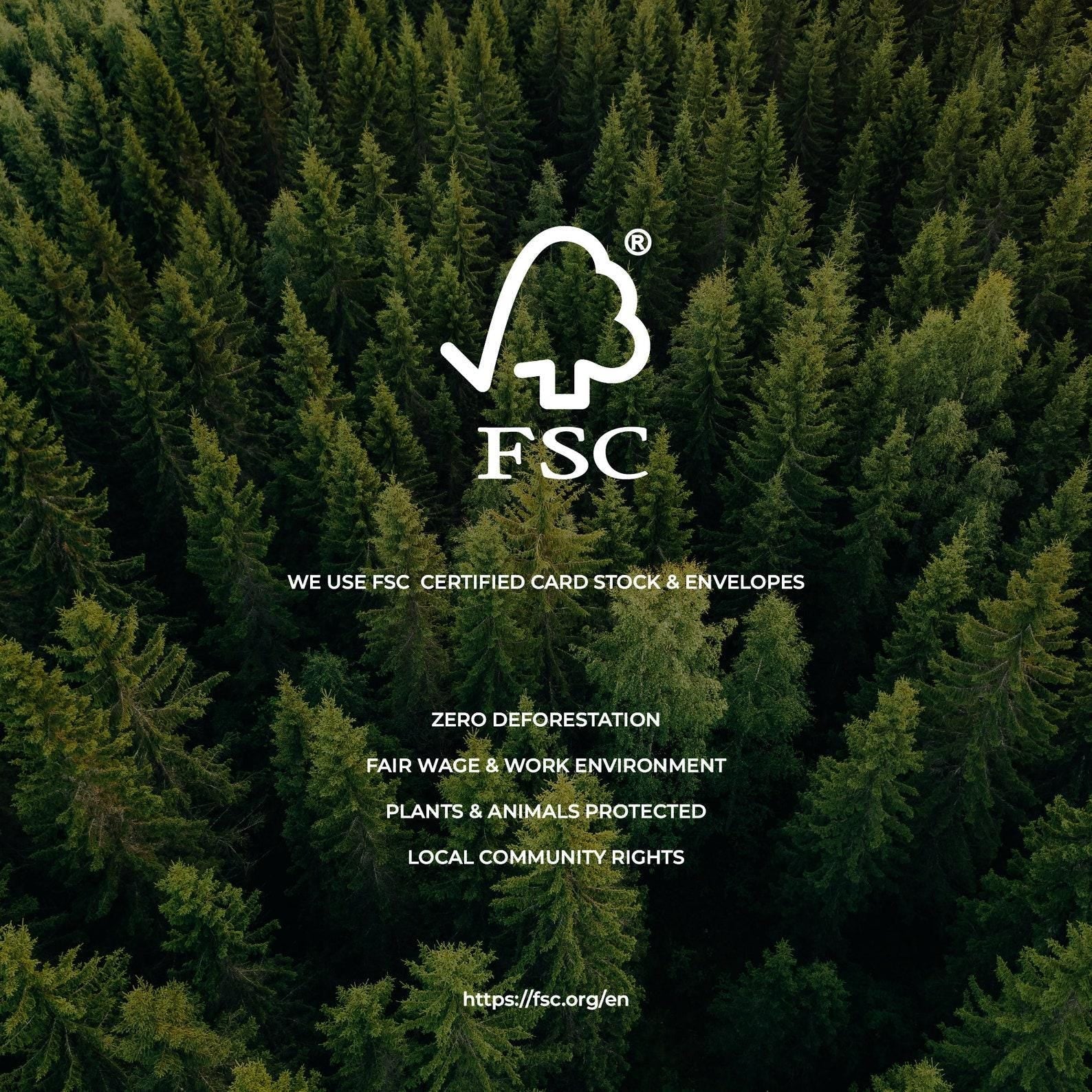 FSC certification logo displayed over an aerial view of a lush evergreen forest, promoting responsible forestry, sustainable materials, and ethical card manufacturing.