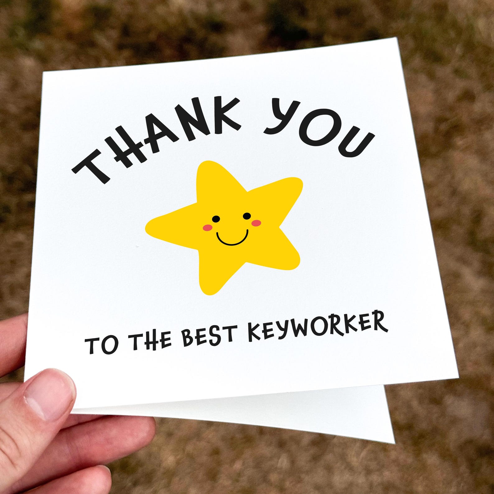 Thank you card featuring a yellow smiling star with the text ‘Thank You to the Best Keyworker’.
