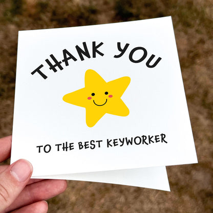 Thank you card featuring a yellow smiling star with the text ‘Thank You to the Best Keyworker’.
