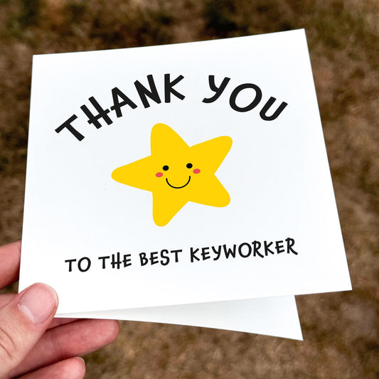 Thank you card featuring a yellow smiling star with the text ‘Thank You to the Best Keyworker’.