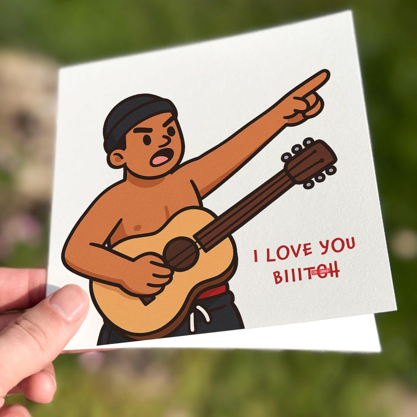 Funny meme card featuring a cartoon man with guitar and the text ‘I Love You’.