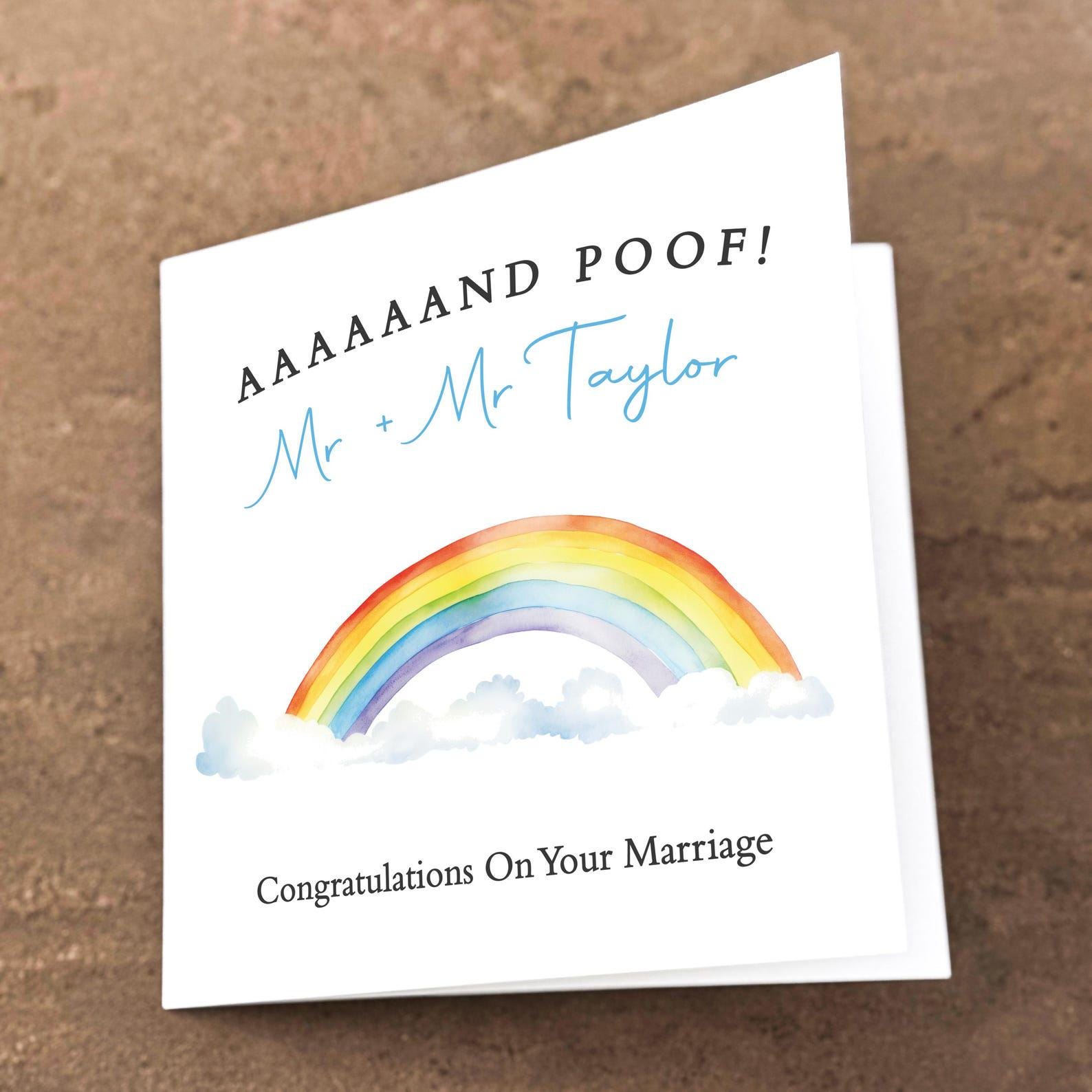 Rainbow wedding congratulations card with colourful watercolour rainbow and modern typography.