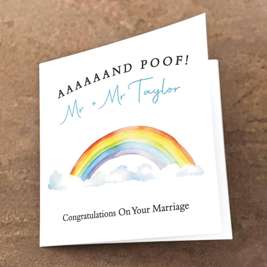 Rainbow wedding congratulations card with colourful watercolour rainbow and modern typography.