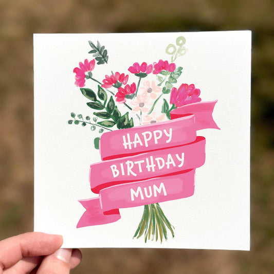 Pretty floral birthday card featuring pink flowers and a banner reading ‘Happy Birthday Mum’.