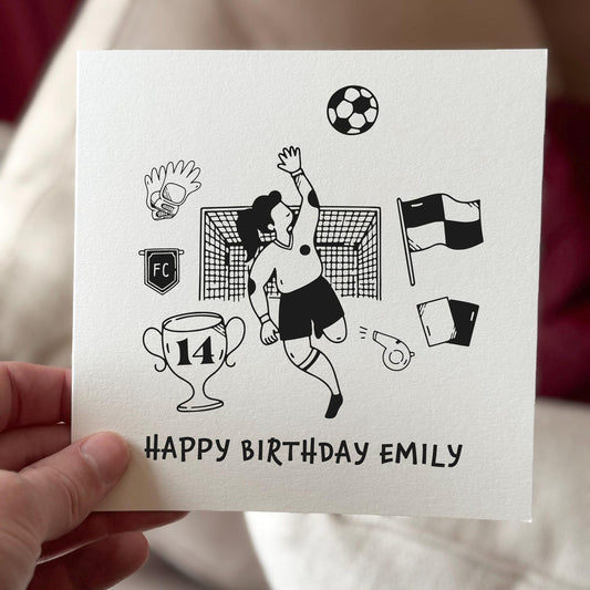 Card featuring a goalkeeper illustration with football, goal net, and trophy, text reads ‘Happy Birthday’.