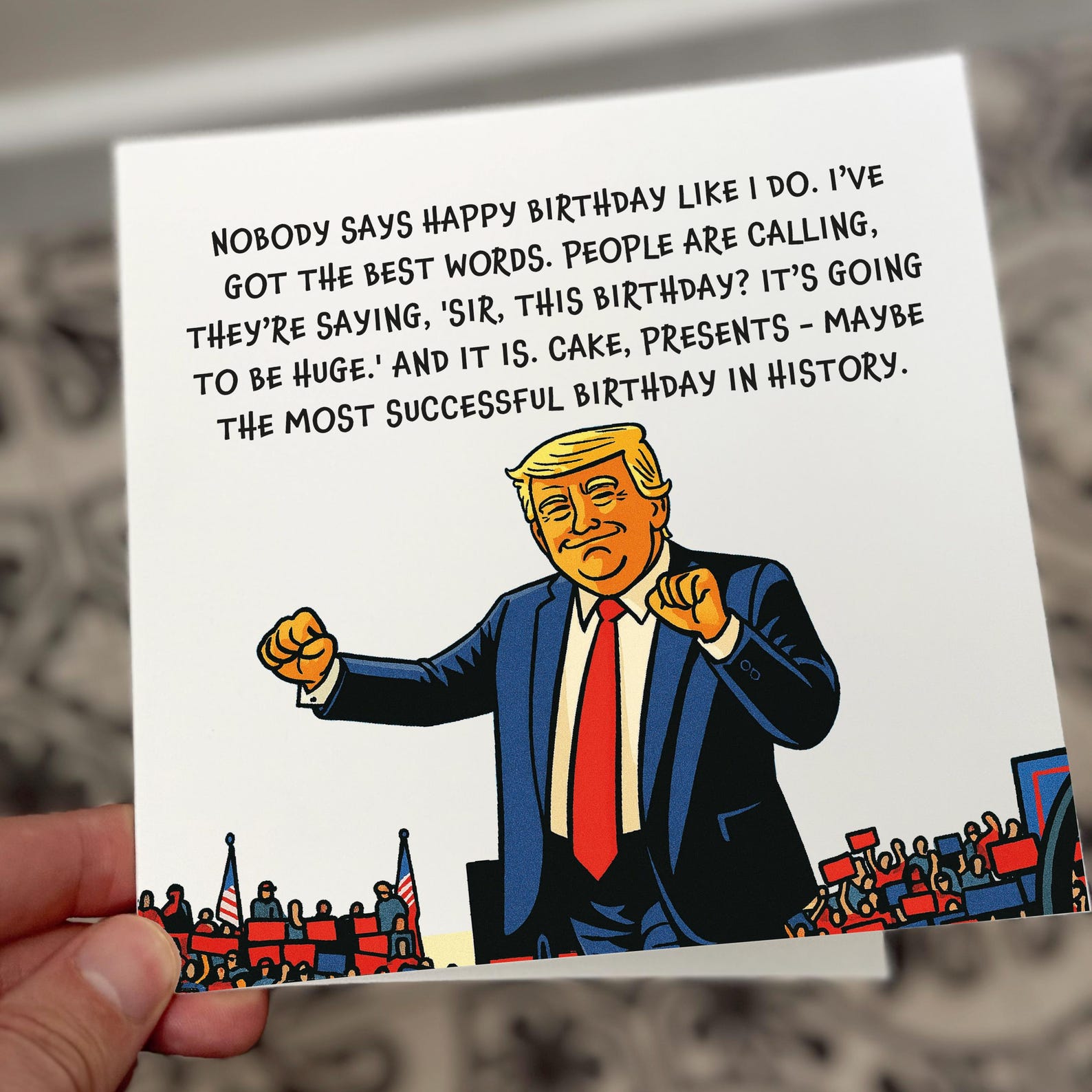 Funny birthday card depicting a cartoon man at a rally giving an over-the-top birthday speech.