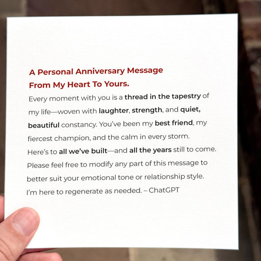Anniversary card featuring a heartfelt printed message about love and shared life together.
