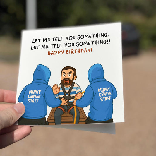 Funny meme birthday card featuring a cartoon man shouting ‘Let me tell you something!’ with two people in blue hoodies.