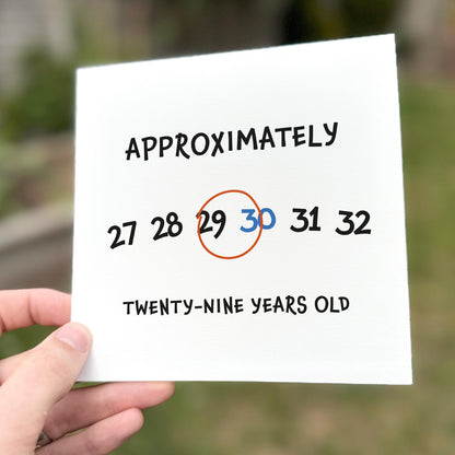 Minimalist birthday card with circled numbers 29 and 30, captioned ‘Approximately twenty-nine years old’.