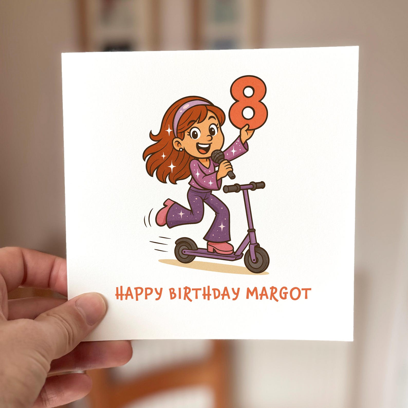 Birthday card featuring a cartoon girl on a scooter holding a red number eight, printed on textured card.
