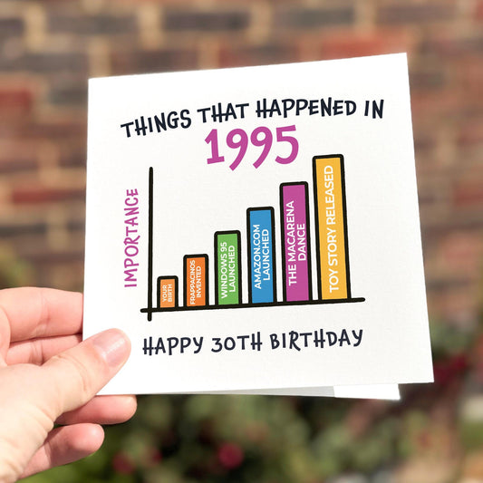 Colourful chart birthday card listing funny milestones from 1995 with ‘Happy 30th Birthday’ below.