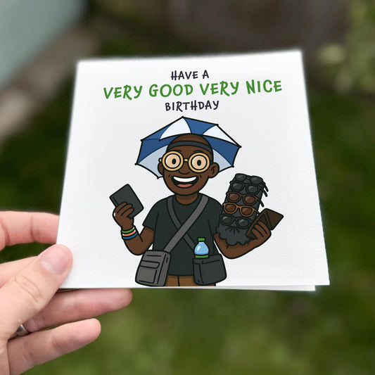 Funny birthday card showing a smiling cartoon vendor with sunglasses and an umbrella hat holding gifts with the text ‘Have a very good very nice birthday’.