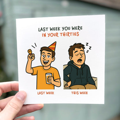 Funny birthday card showing a cartoon man celebrating one week and tired the next, with text ‘Last week you were in your thirties’.
