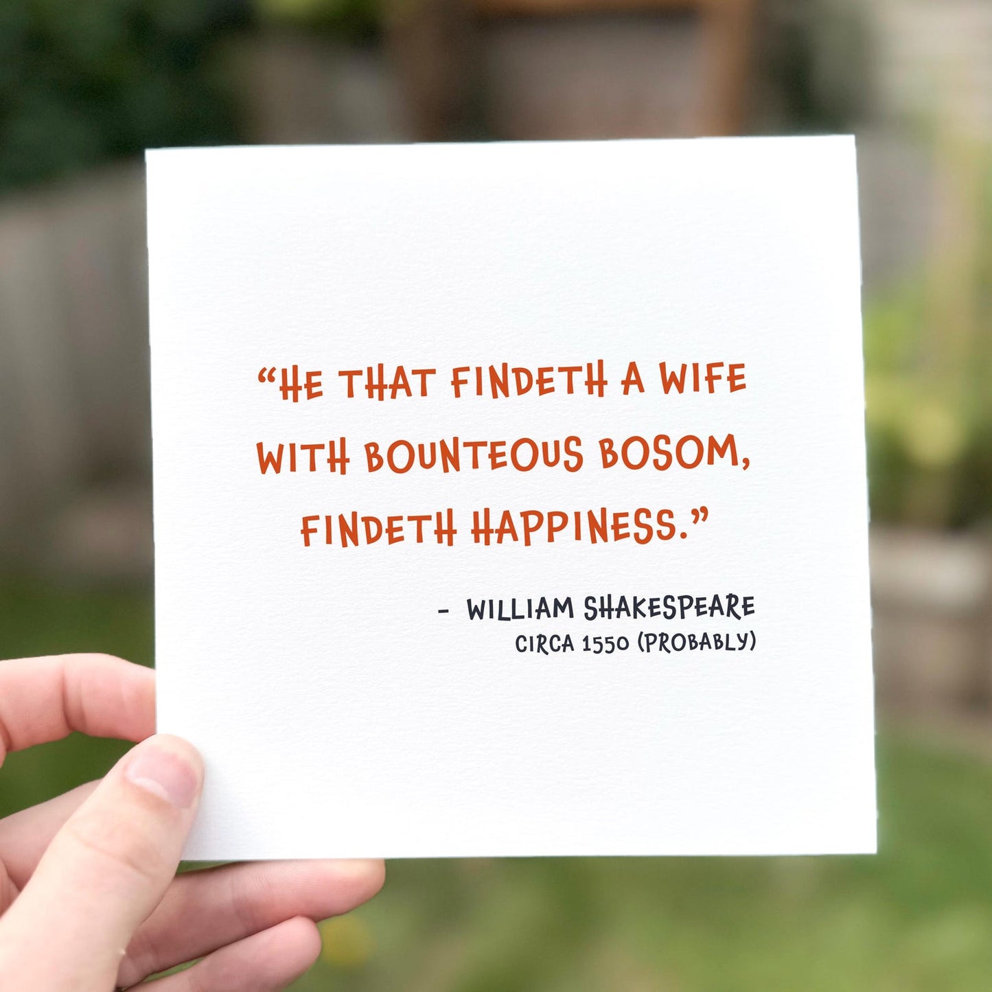 Funny Shakespeare-style love card with a humorous faux quote about marriage and happiness.
