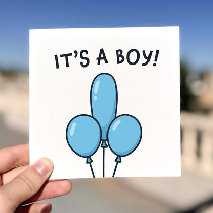 New baby boy card featuring three blue balloons with the text ‘It’s A Boy’.