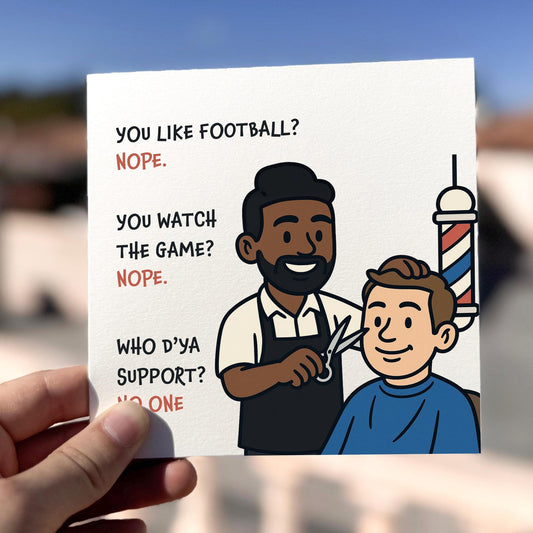 Barbershop Football Chat Card card being held outdoors, showing front design clearly.