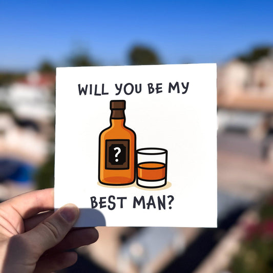 Best man proposal card featuring a whisky bottle and glass with text ‘Will You Be My Best Man?’.