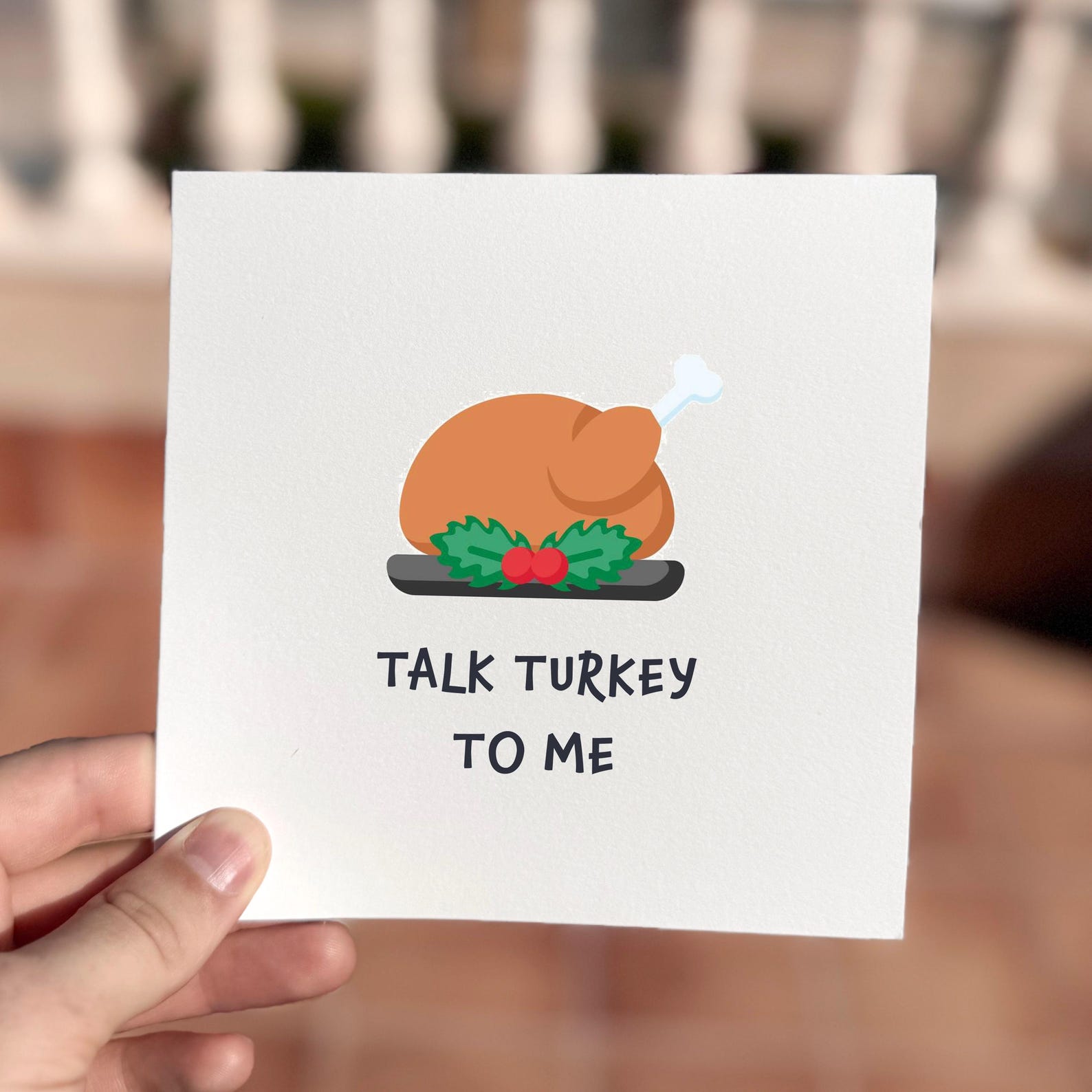 Funny Christmas card featuring a roast turkey illustration and the text ‘Talk Turkey To Me’.