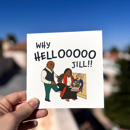 Why Helloooo Jill Card card being held outdoors, showing front design clearly.