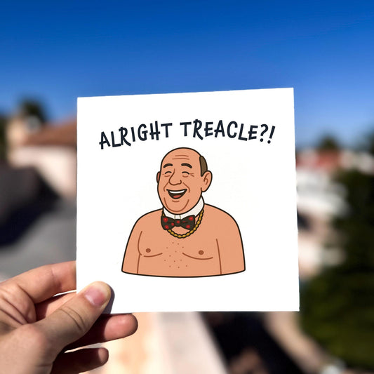 Alright Treacle Card card being held outdoors, showing front design clearly.