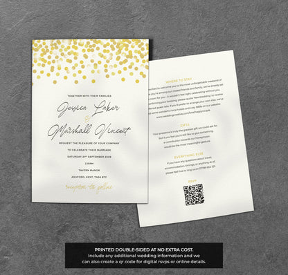 Gold Confetti Wedding Invitation – Modern Celebration Design with Kraft Envelopes