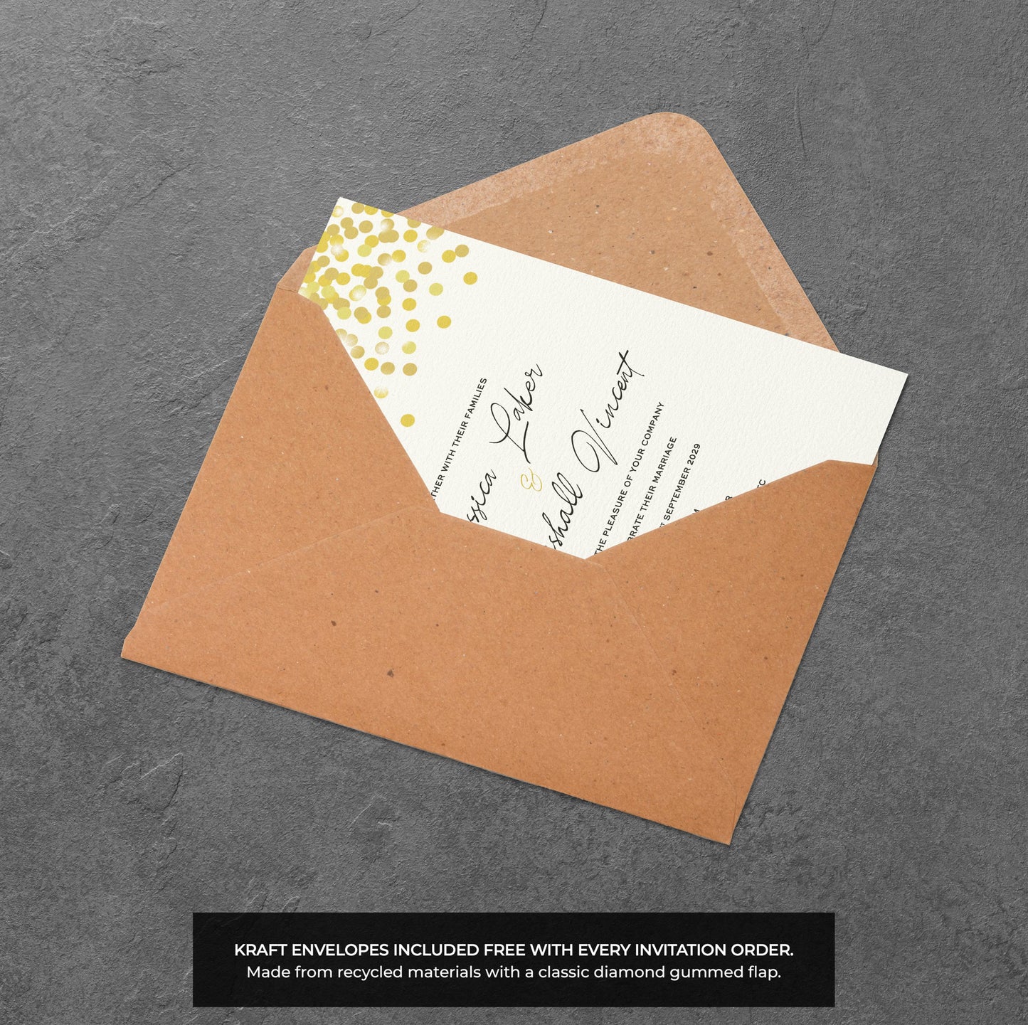 Gold Confetti Wedding Invitation – Modern Celebration Design with Kraft Envelopes