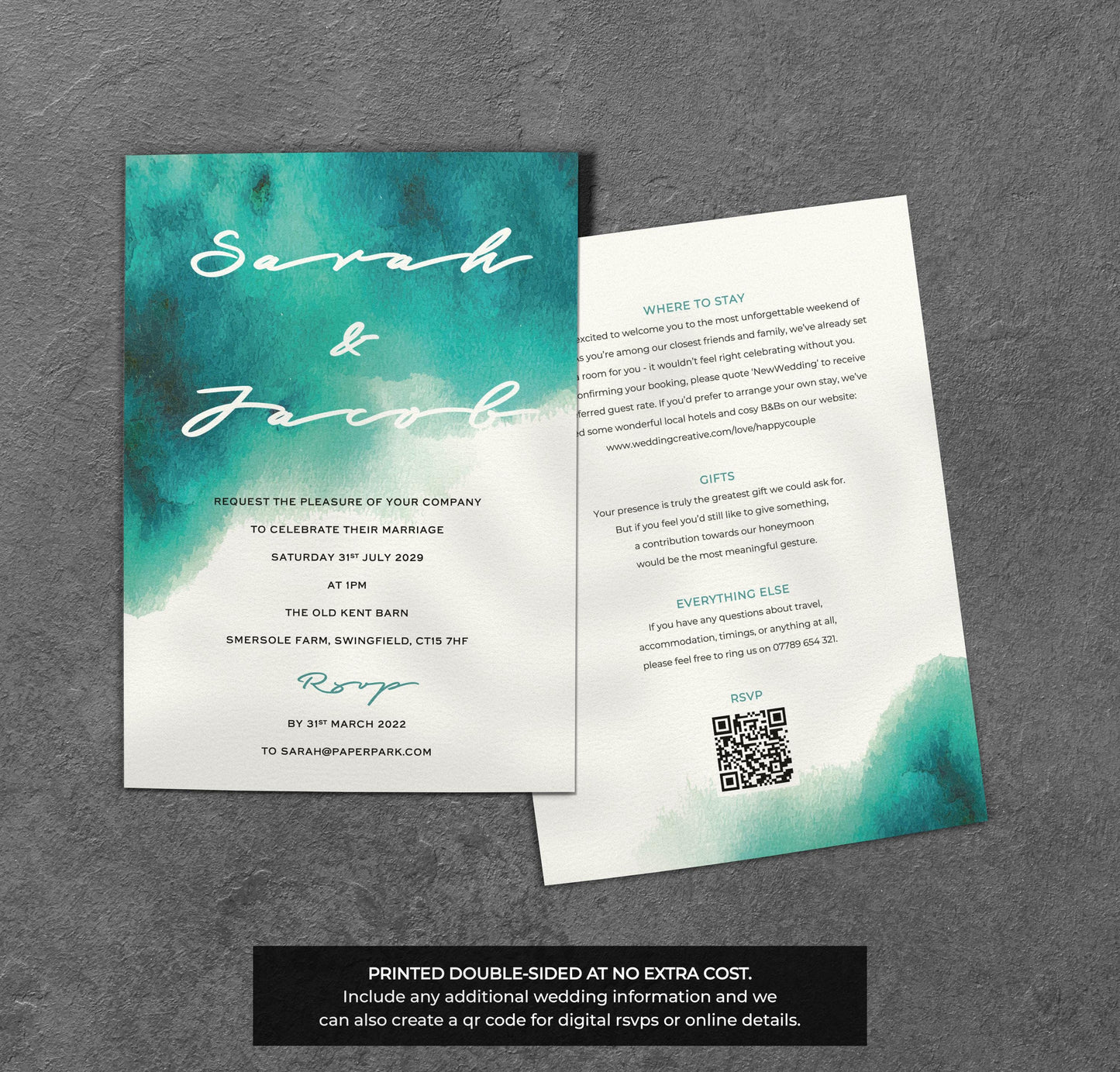 Teal Watercolour Wedding Invitation – Modern Brush Design with Kraft Envelopes