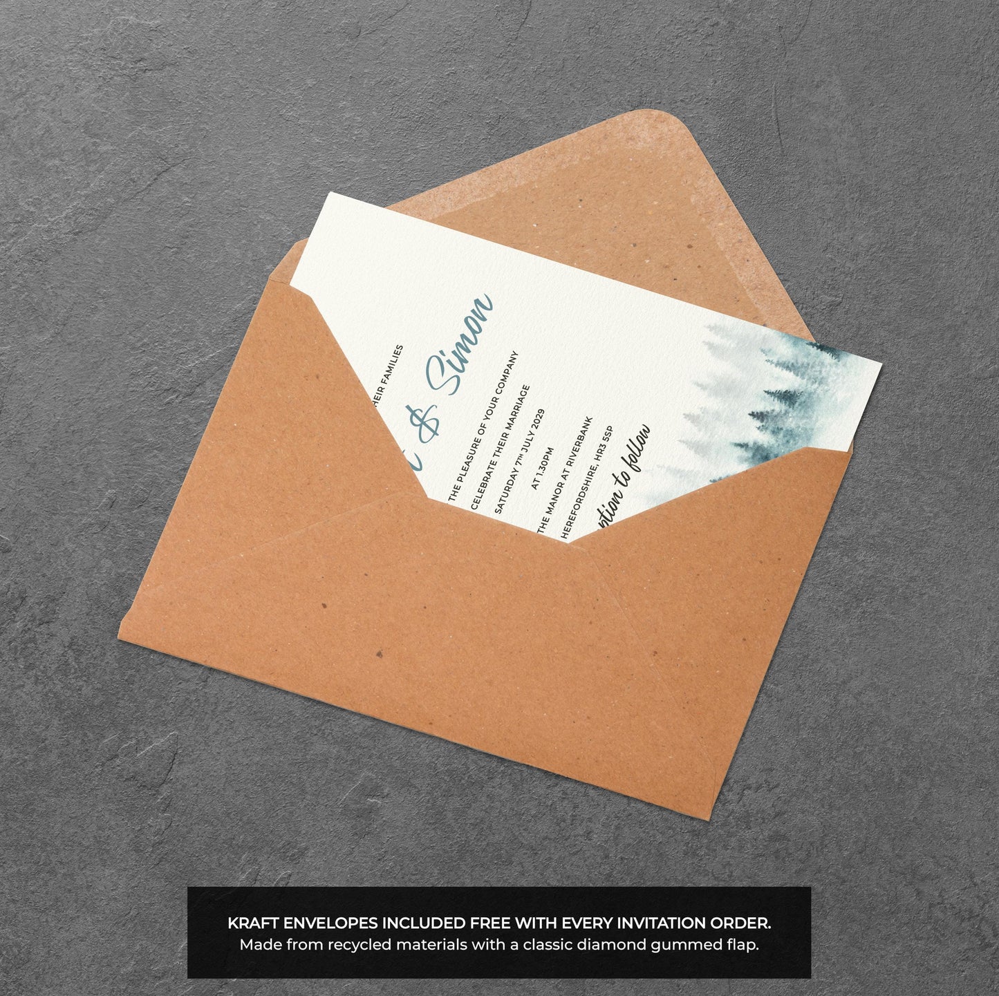 Misty Forest Wedding Invitation – Blue Woodland Design with Kraft Envelopes