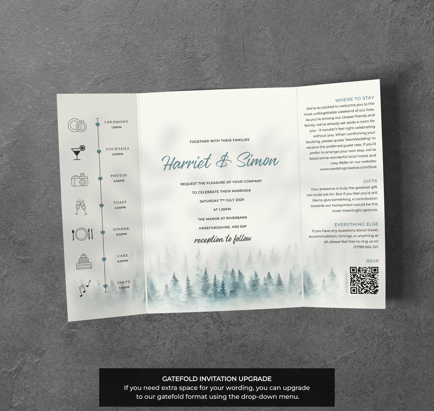 Misty Forest Wedding Invitation – Blue Woodland Design with Kraft Envelopes