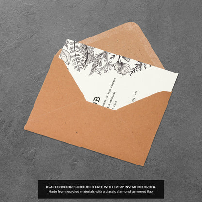 Black & White Botanical Wedding Invitation – Line Art Design with Kraft Envelopes
