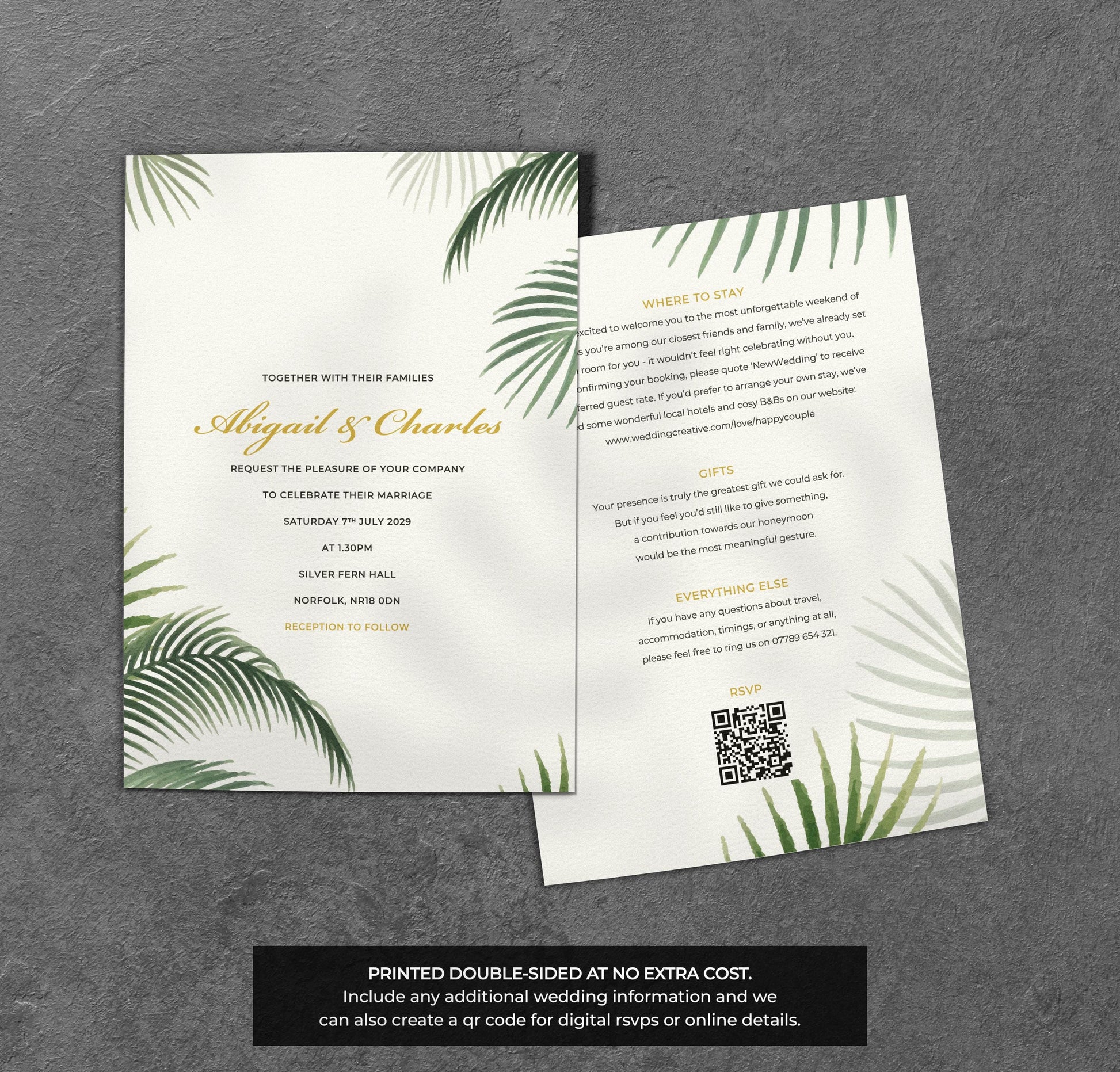 Palm Leaf Wedding Invitation – Tropical Green Design with Kraft Envelopes