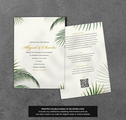 Palm Leaf Wedding Invitation – Tropical Green Design with Kraft Envelopes
