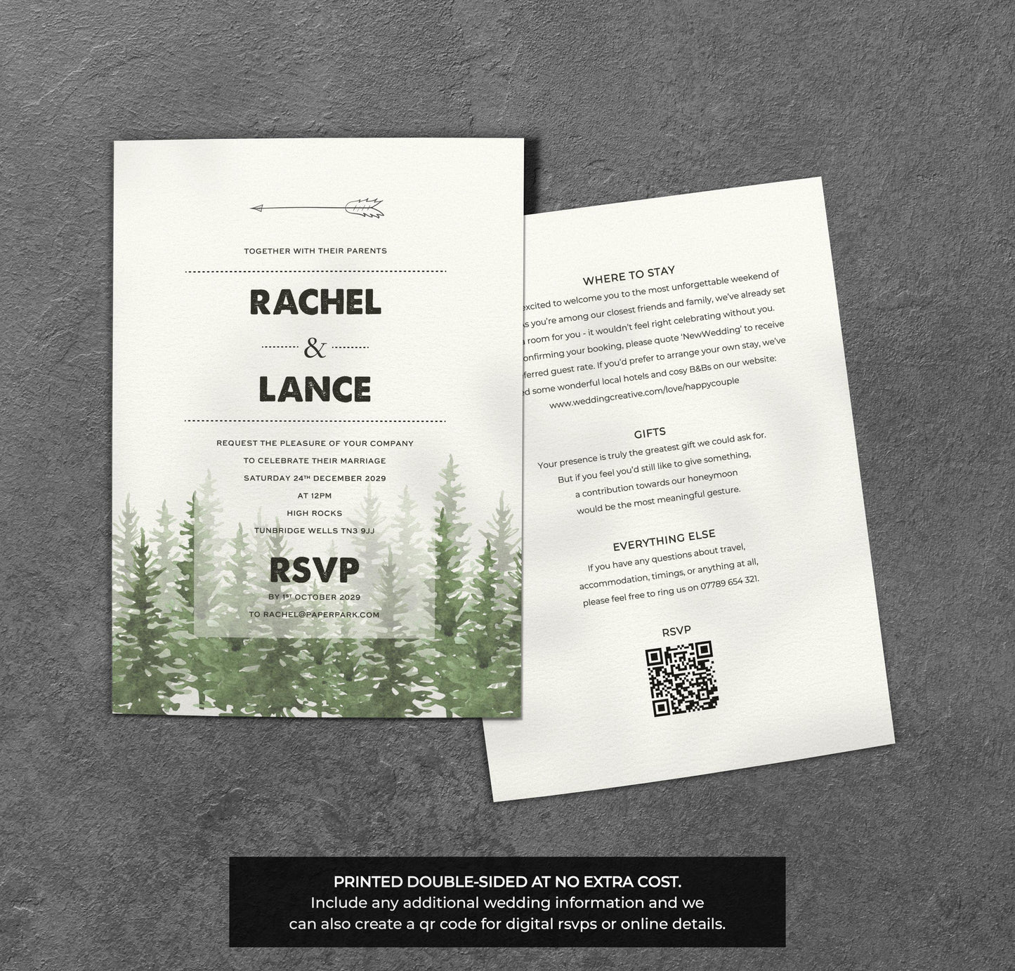 Rustic Forest Wedding Invitation – Arrow & Pine Design with Kraft Envelopes