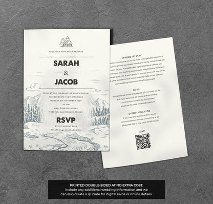 Cabin Mountain Wedding Invitation – Rustic Illustration with Kraft Envelopes