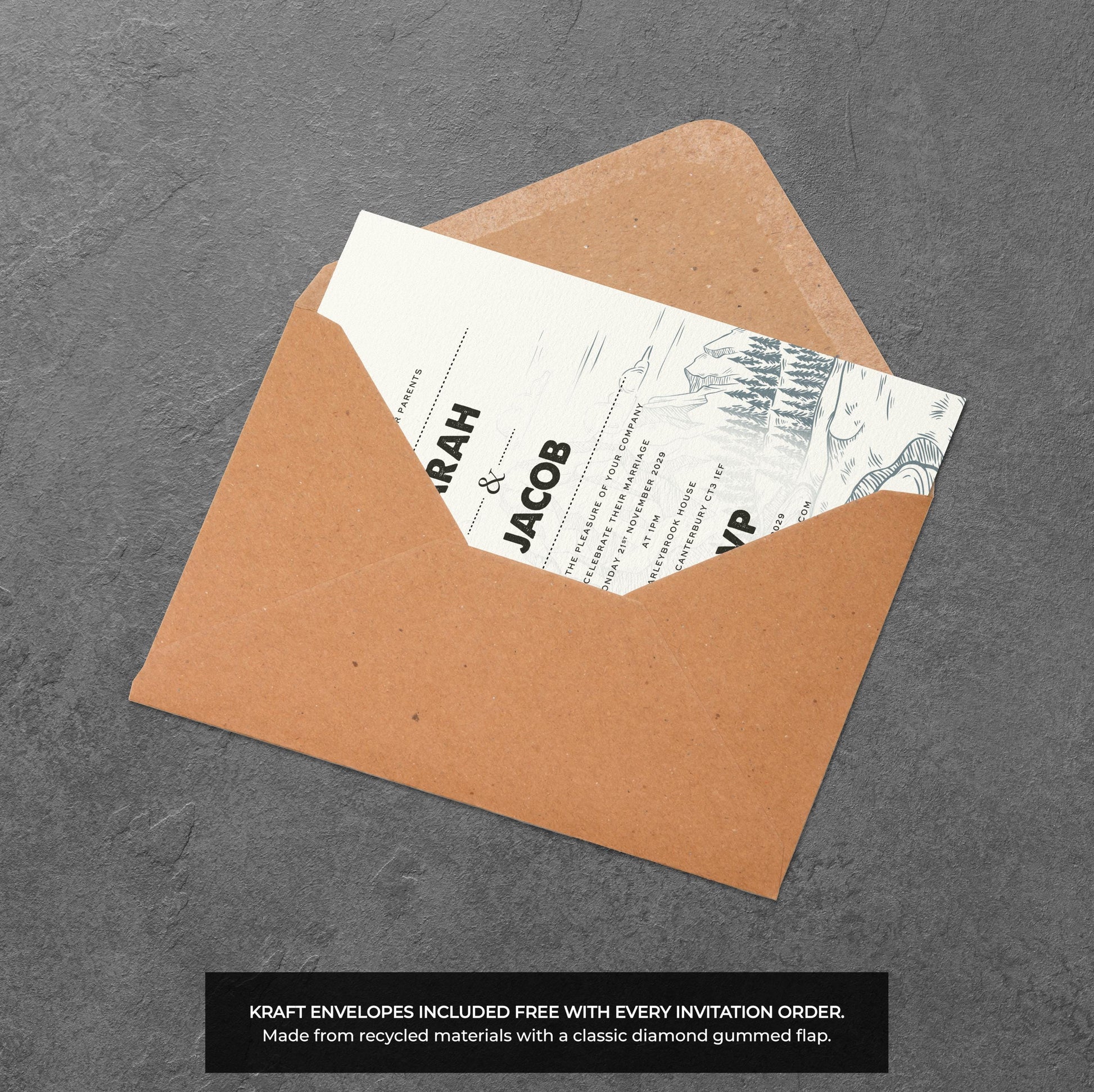 Cabin Mountain Wedding Invitation – Rustic Illustration with Kraft Envelopes