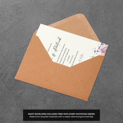 Lilac Floral Wedding Invitation – Pastel Bloom Design with Kraft Envelopes