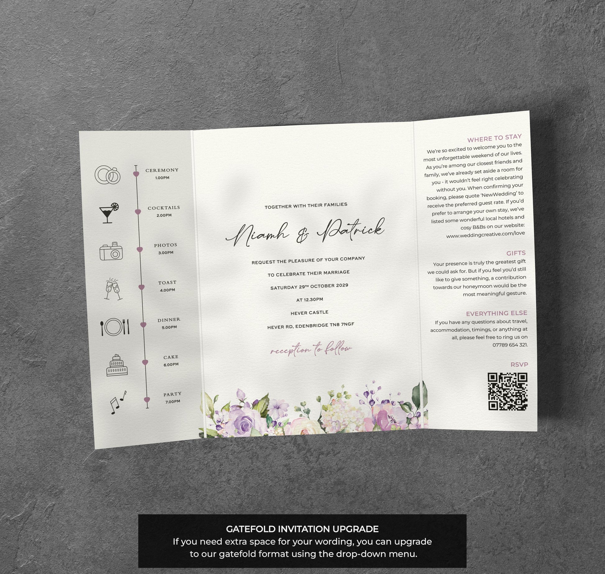 Lilac Floral Wedding Invitation – Pastel Bloom Design with Kraft Envelopes