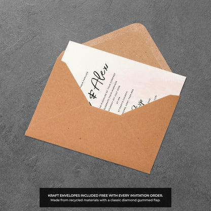 Blush Watercolour Wedding Invitation – Modern Pink Design with Kraft Envelopes