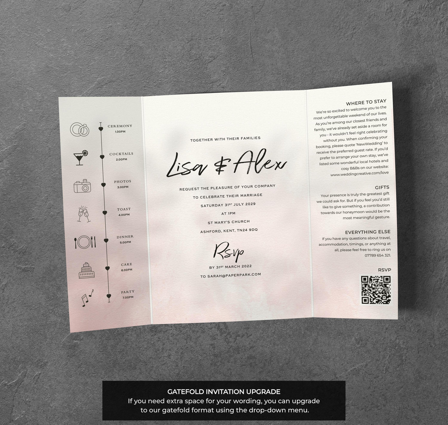 Blush Watercolour Wedding Invitation – Modern Pink Design with Kraft Envelopes