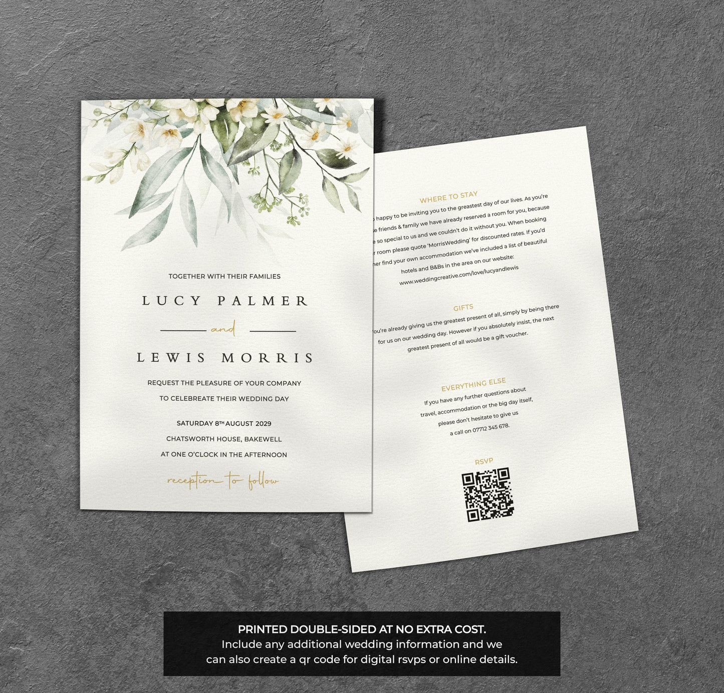 White Blossom Wedding Invitation – Greenery Floral Design with Kraft Envelopes