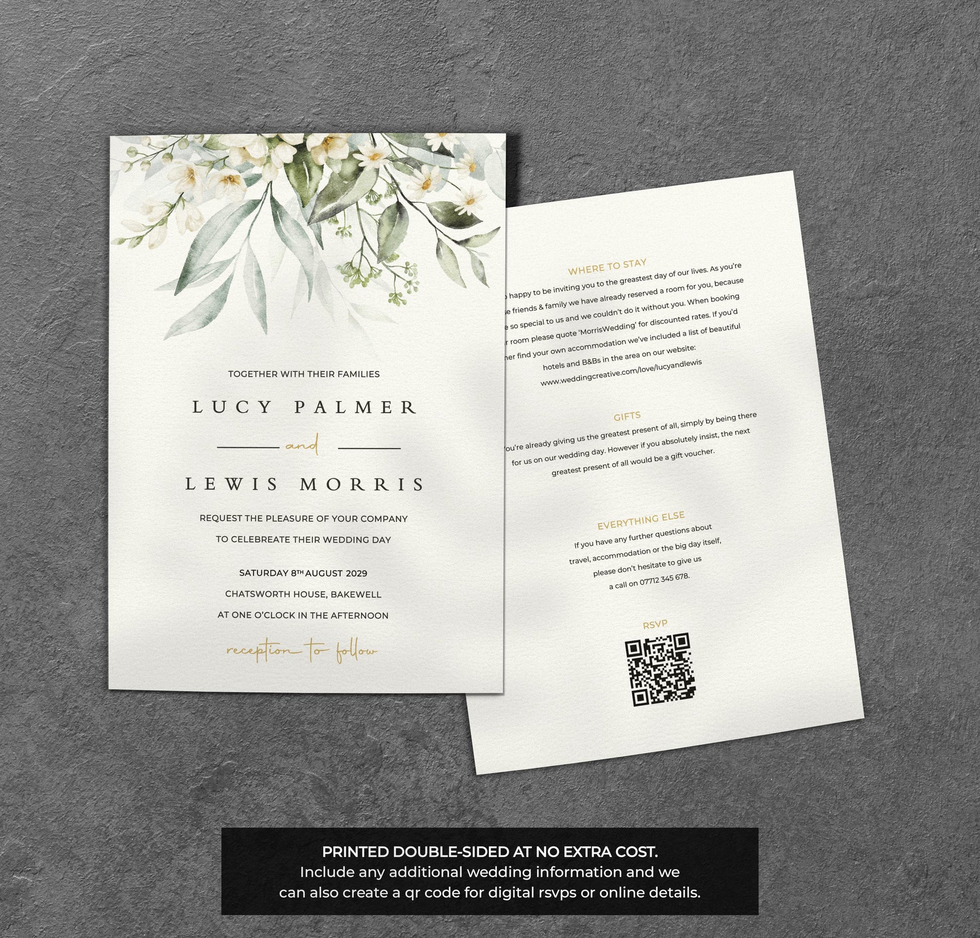 White Blossom Wedding Invitation – Greenery Floral Design with Kraft Envelopes
