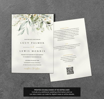 White Blossom Wedding Invitation – Greenery Floral Design with Kraft Envelopes