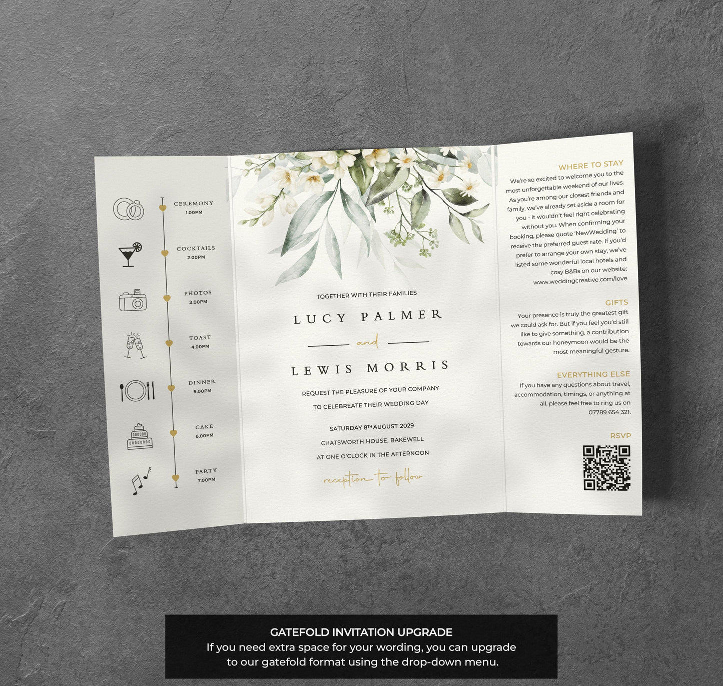 White Blossom Wedding Invitation – Greenery Floral Design with Kraft Envelopes