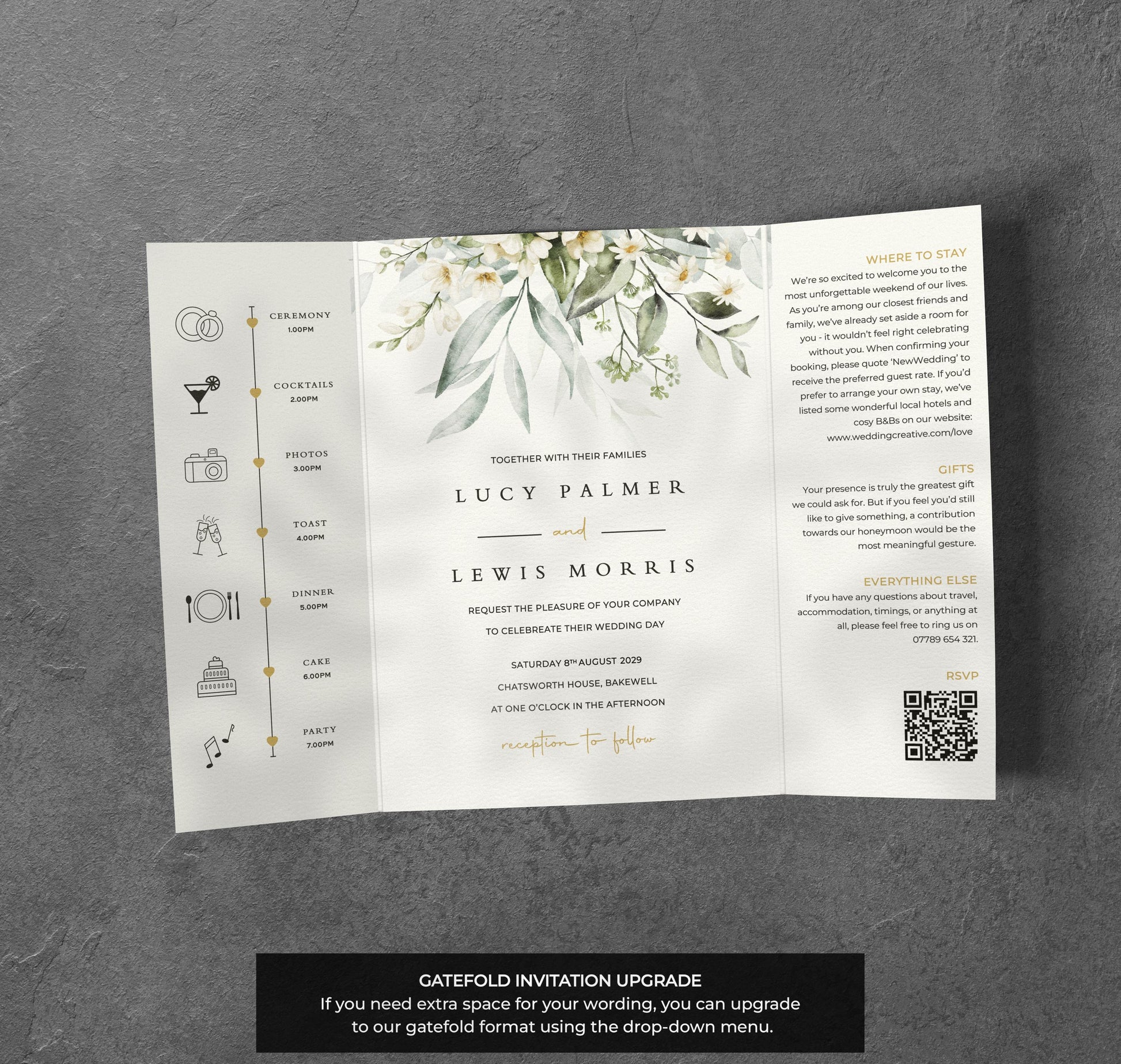 White Blossom Wedding Invitation – Greenery Floral Design with Kraft Envelopes