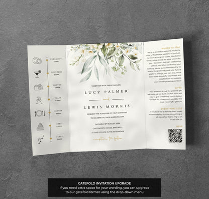 White Blossom Wedding Invitation – Greenery Floral Design with Kraft Envelopes